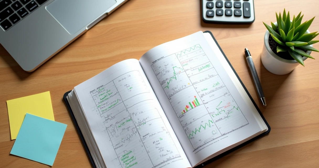 Caderno de planejamento financeiro ao lado de notebook