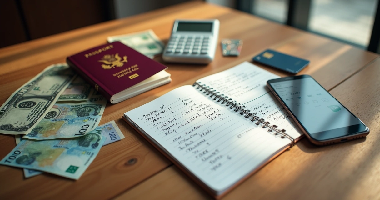 Mesa com passaporte, notas de dinheiro, cartão de crédito e calculadora para planejamento financeiro de viagem internacional 