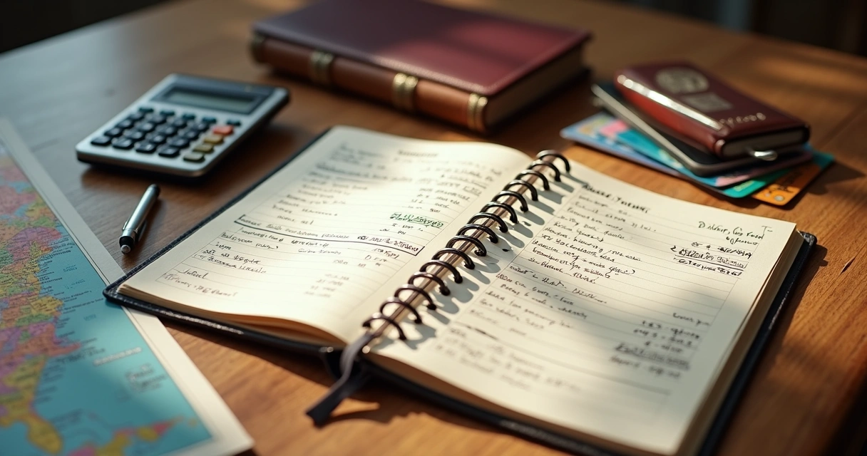 Mesa com planejador financeiro, caderno aberto mostrando anotações de orçamento, calculadora, passaporte, cartões de crédito e um mapa na lateral 