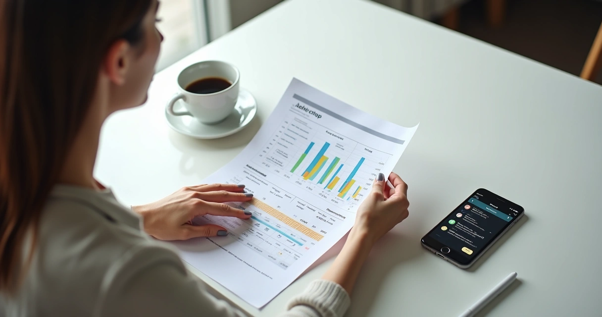 Mulher analisando relatório financeiro colorido na mesa com café ao lado. 