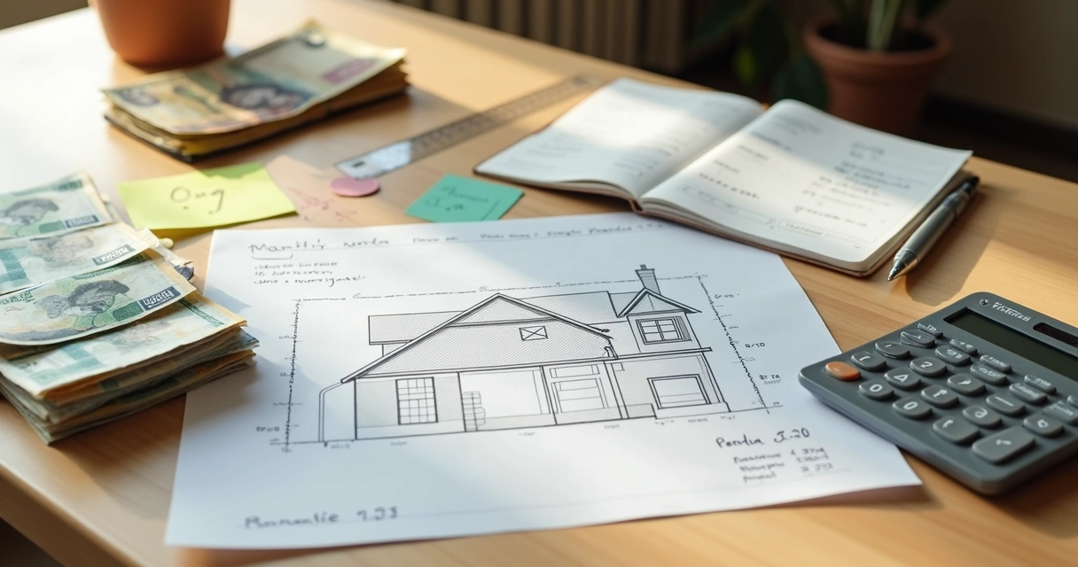 Mesa com planta de casa, dinheiro e régua simbolizando planejamento de financiamento de construção 