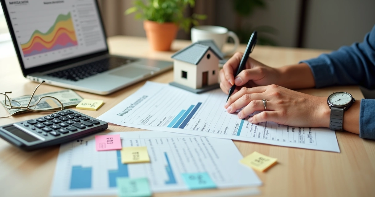 Pessoa calculando financiamento imobiliário com miniatura de casa na mesa 