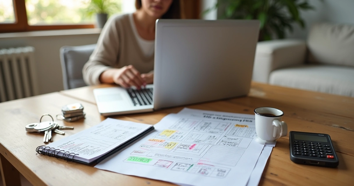 Jovem sentado em mesa doméstica planejando financiamento imobiliário com banco no notebook 