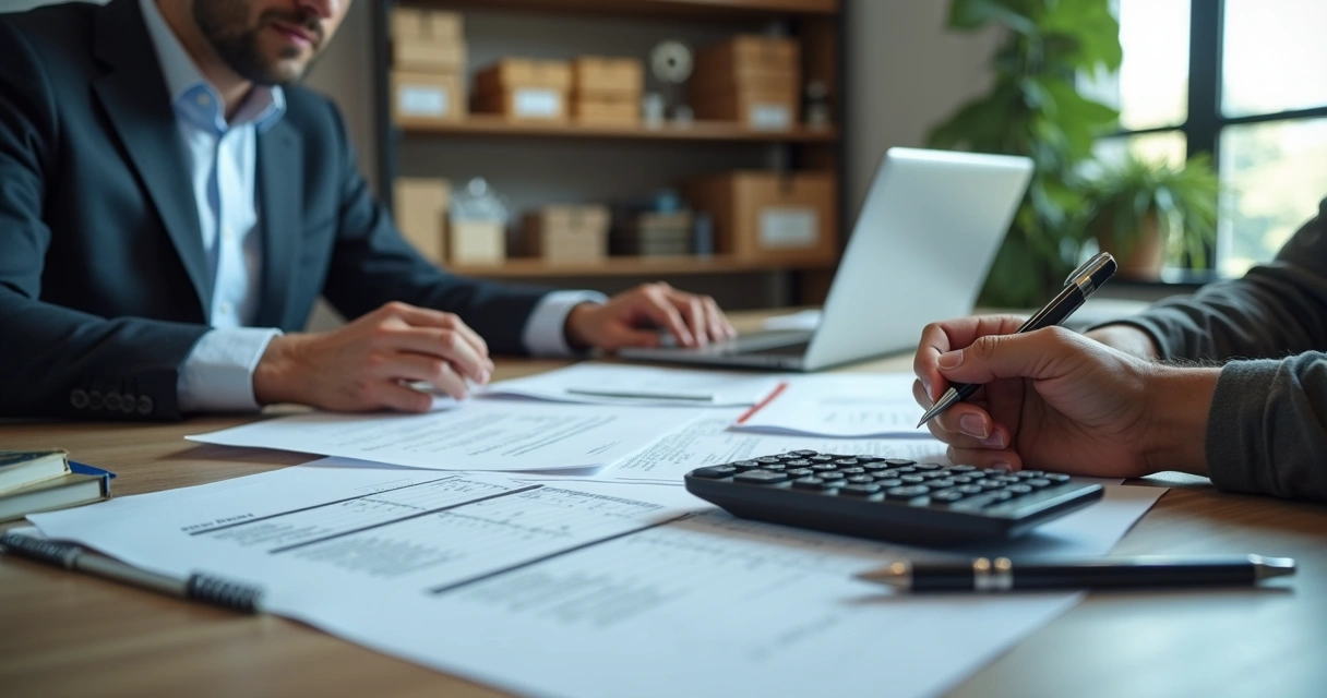 Empresário revisando notas fiscais e relatórios de ICMS 