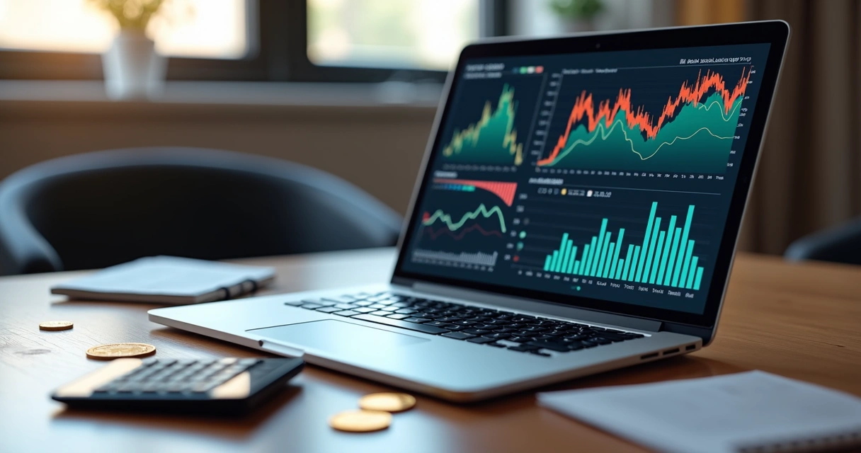 Mesa de escritório com laptop mostrando gráficos financeiros digitais e calculadora ao lado, com moedas físicas e símbolos de criptomoedas distribuídos ao redor 