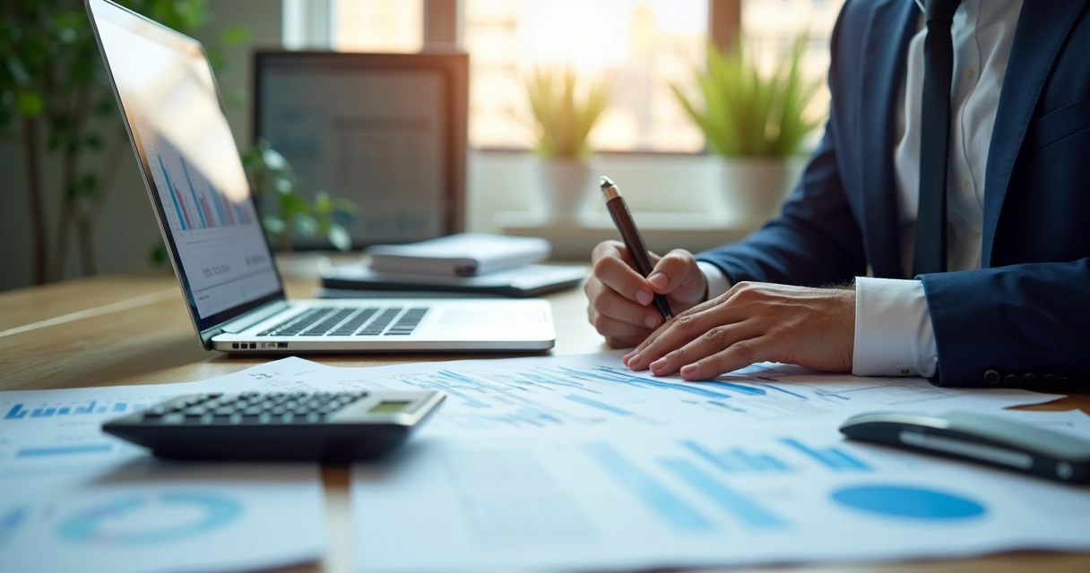 Mesa de escritório com documentos, calculadora, laptop aberto exibindo gráficos financeiros e um executivo analisando planejamento fiscal 