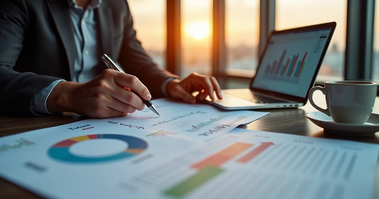 Empreendedor planejando futuro da empresa com gráficos tributários 