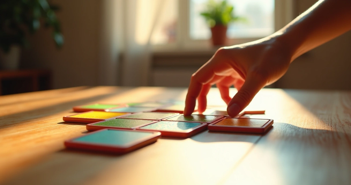 Mão movendo peças de dominó em ziguezague em mesa clara 