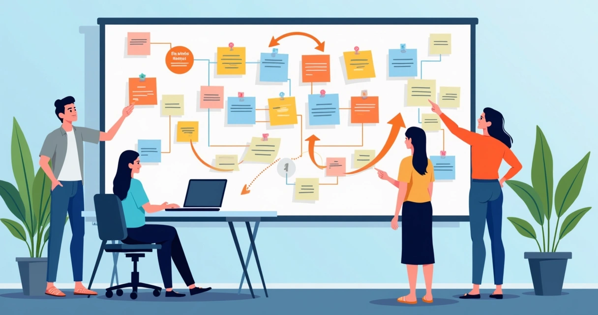 Planejamento estratégico de campanhas digitais em quadro branco com post-its coloridos.