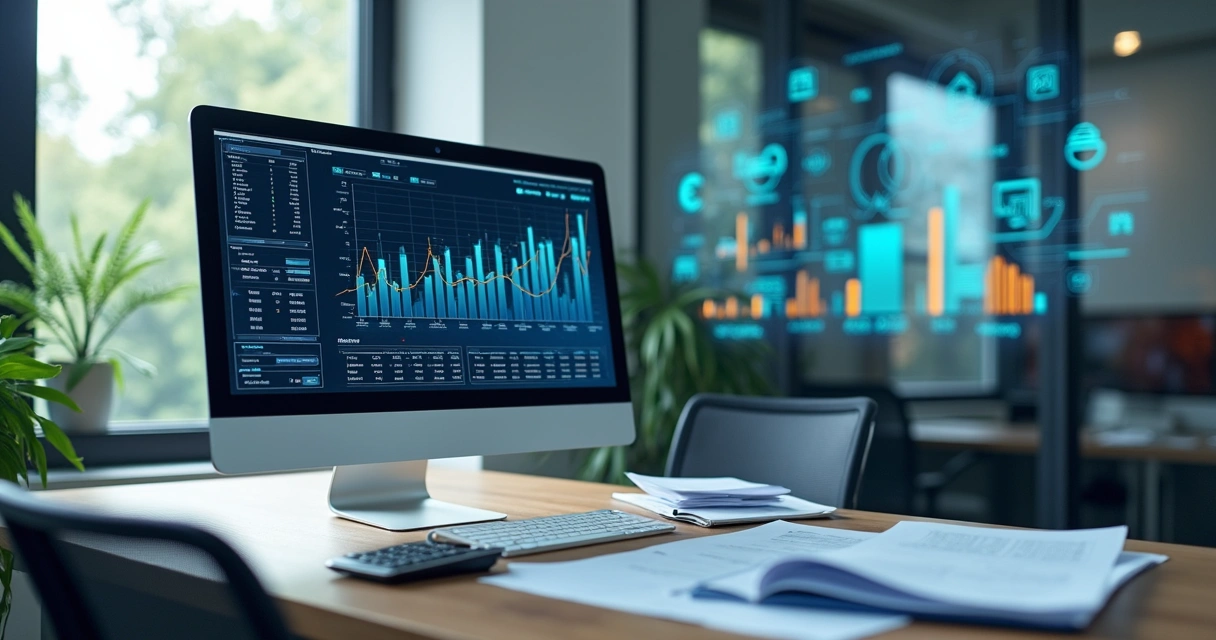 Planejamento de fluxo de caixa com gráficos e tela de computador.