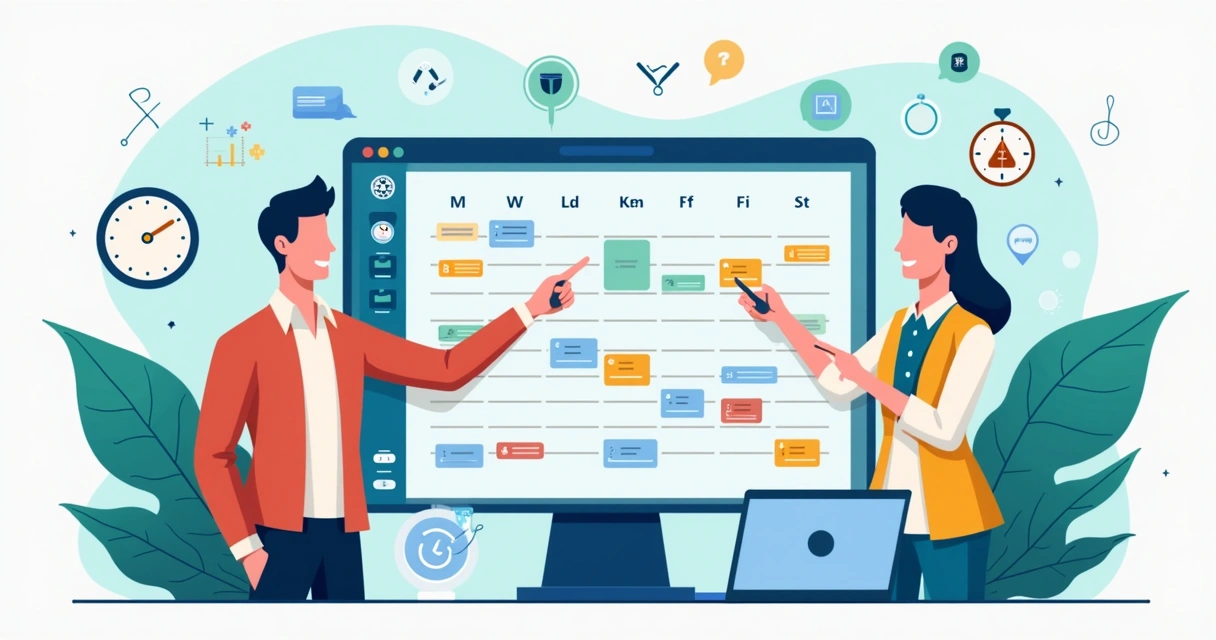 Ilustração corporativa mostrando planejamento de folgas em equipe no MS Project com calendário e gráficos 