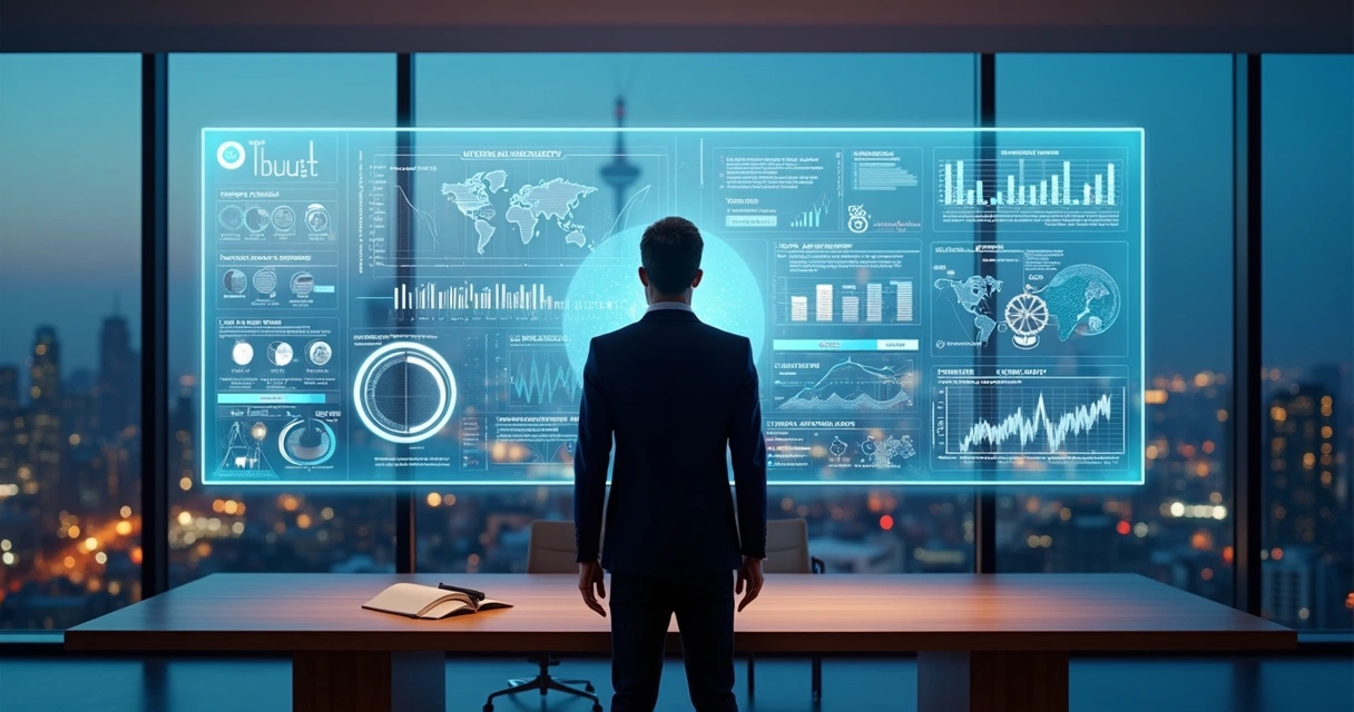 Líder analisa planejamento de força de trabalho híbrida com pessoas e IA em painel digital 