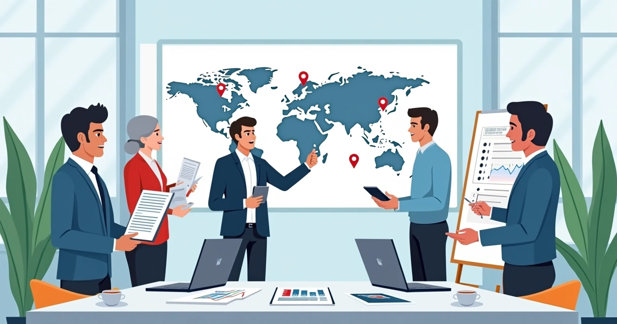 Grupo diversificado planejando a expansão de uma franquia em um escritório moderno e iluminado.