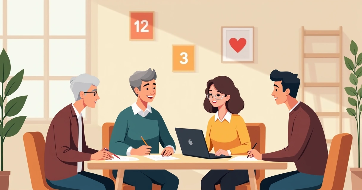 Família conversando com um idoso sentado à mesa sobre planejamento funeral 