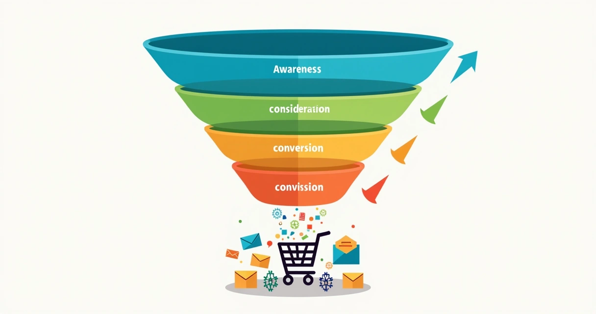 Funil de vendas ilustrado com anúncios em vários estágios, setas e ícones de marketing 