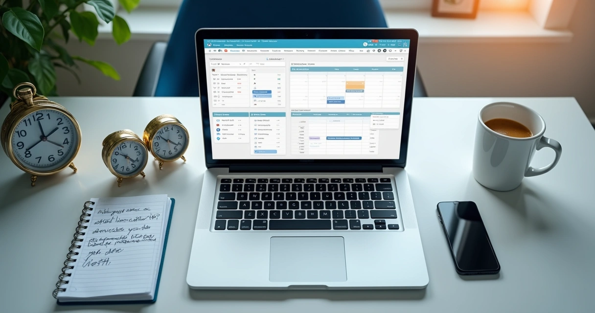 Mesa com laptop, relógios de fusos e agenda de trabalho remoto 