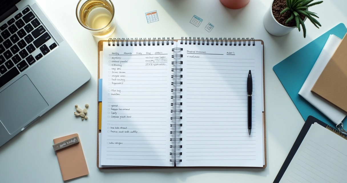 Mesa organizada com agenda e representação visual de planejamento futuro 
