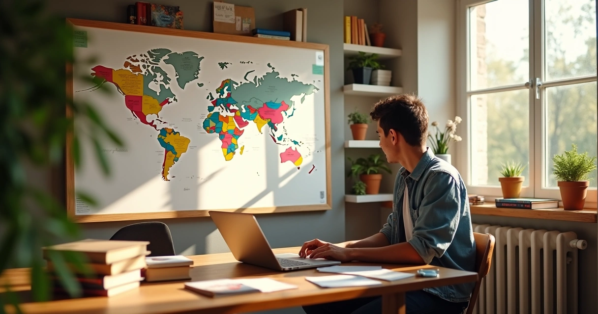 Jovem planejando em quadro branco com mapas e anotações