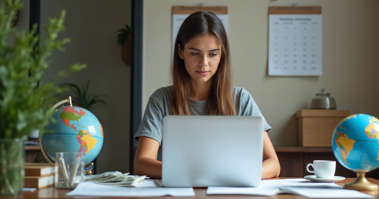 Mulher analisando planilha de gastos para mudança internacional 