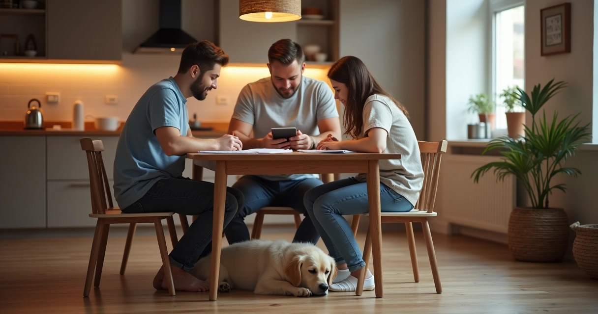 Família planejando gastos pet com tablet