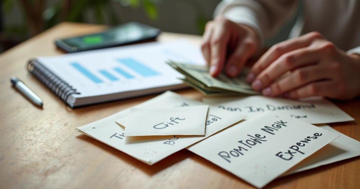Pessoa separando dinheiro em envelopes rotulados para diferentes despesas 