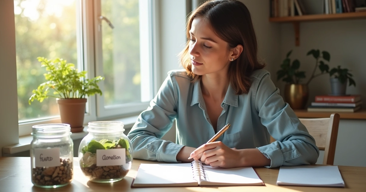 Mulher com caderno organizando orçamento e frascos rotulados para doação e despesas 