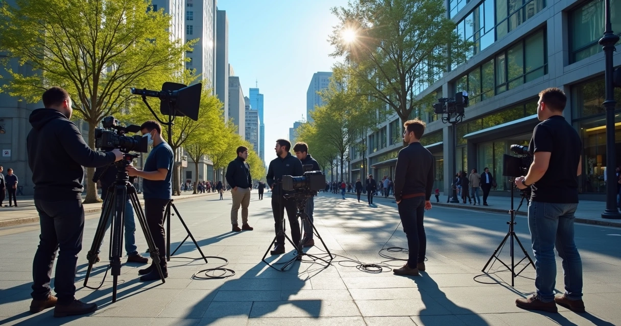Equipe de produção de vídeo preparando equipamentos de filmagem ao ar livre em cenário urbano iluminado durante o dia 