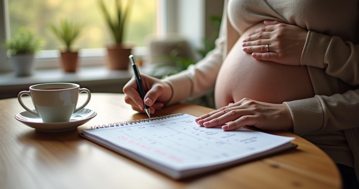 Mulher sentada planejando cuidados da gravidez 