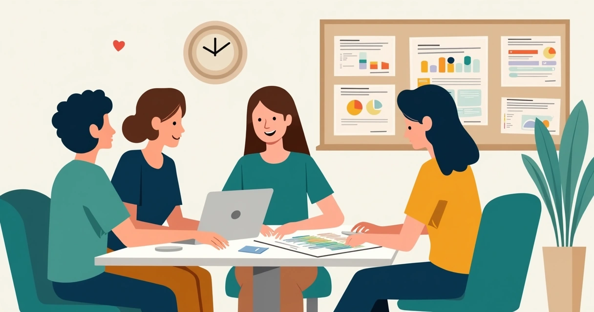 Equipe revisando metas e registros de atendimento em grupo 
