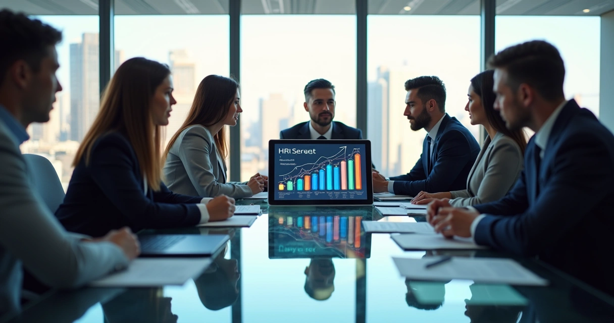 Gestores de RH analisando gráfico de crescimento e planejamento de colaboradores em escritório moderno