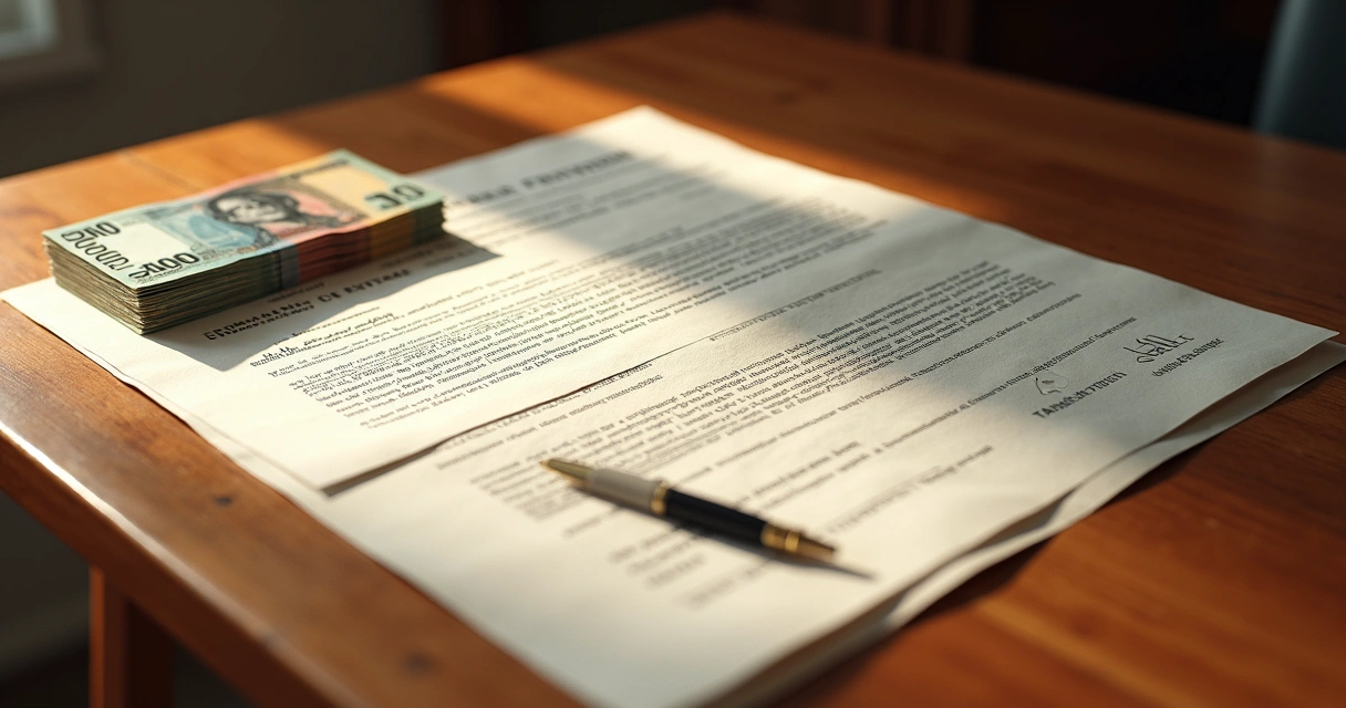 Mesa com documentos de inventário, dinheiro em espécie e uma caneta.