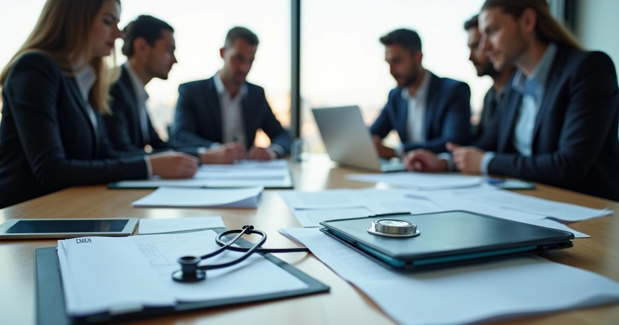 Reunião de profissionais médicos discutindo planejamento empresarial 