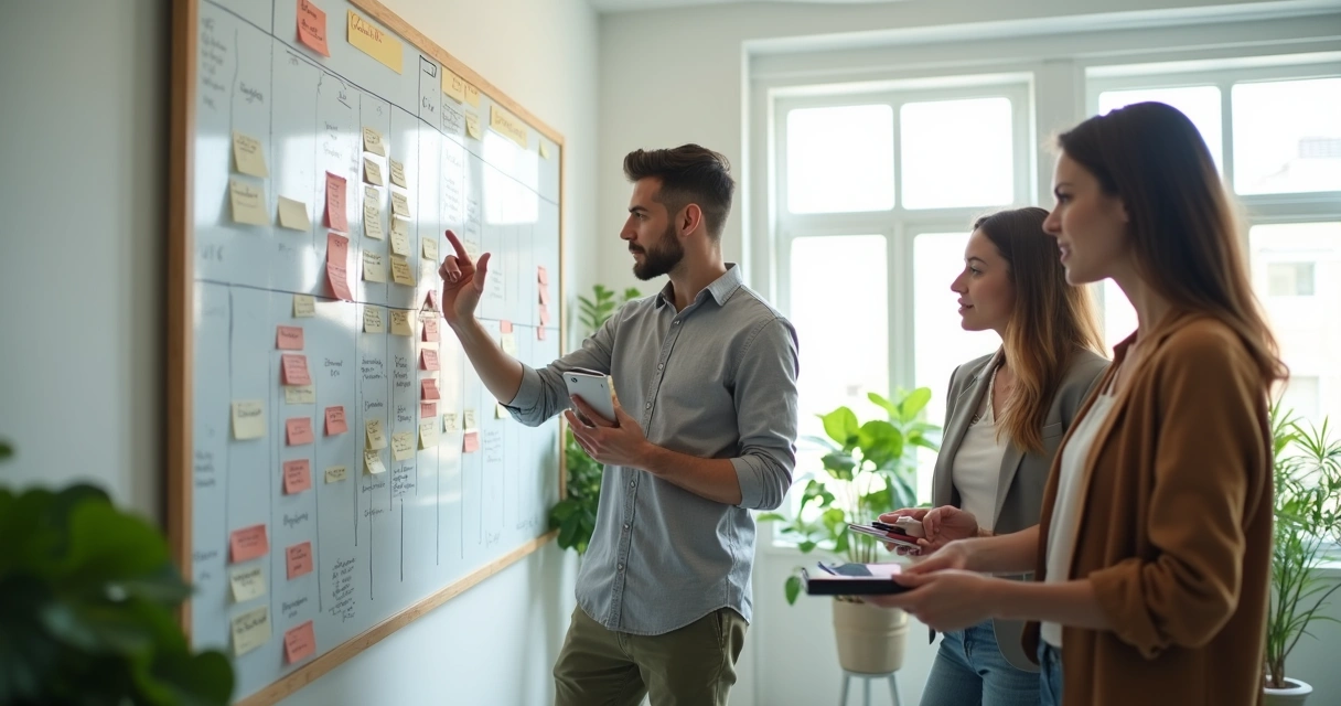 Quadro com metas e equipe planejando prioridades