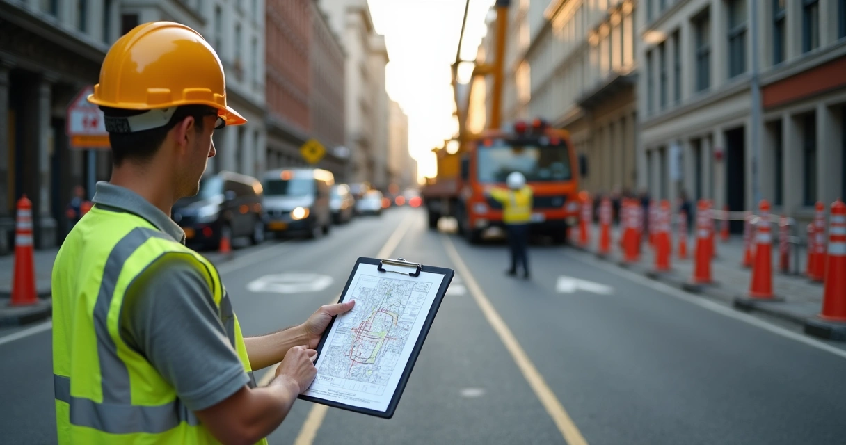 Equipe confere plano de içamento em via urbana