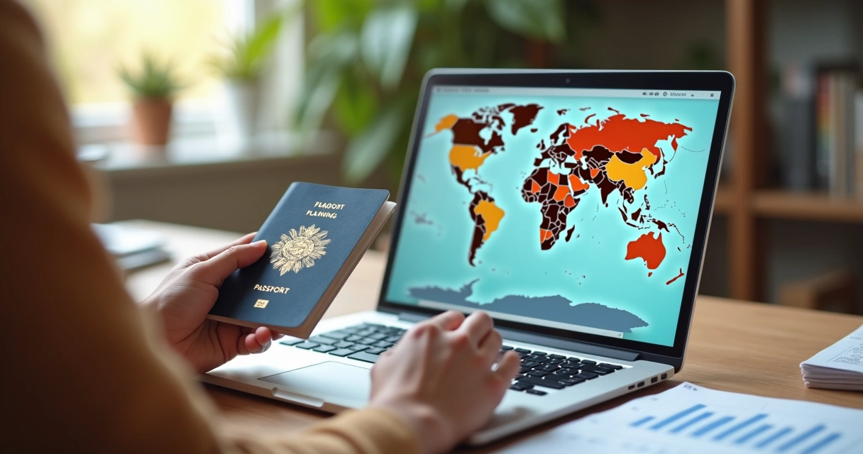 Pessoa segurando passaporte e mapas com laptop aberto em mesa organizada para planejamento de imigração 