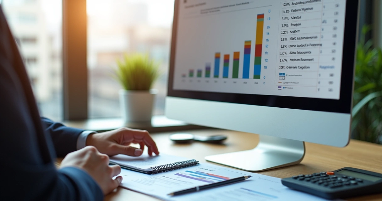 Pessoa analisando planilhas e gráficos de planejamento imobiliário. 