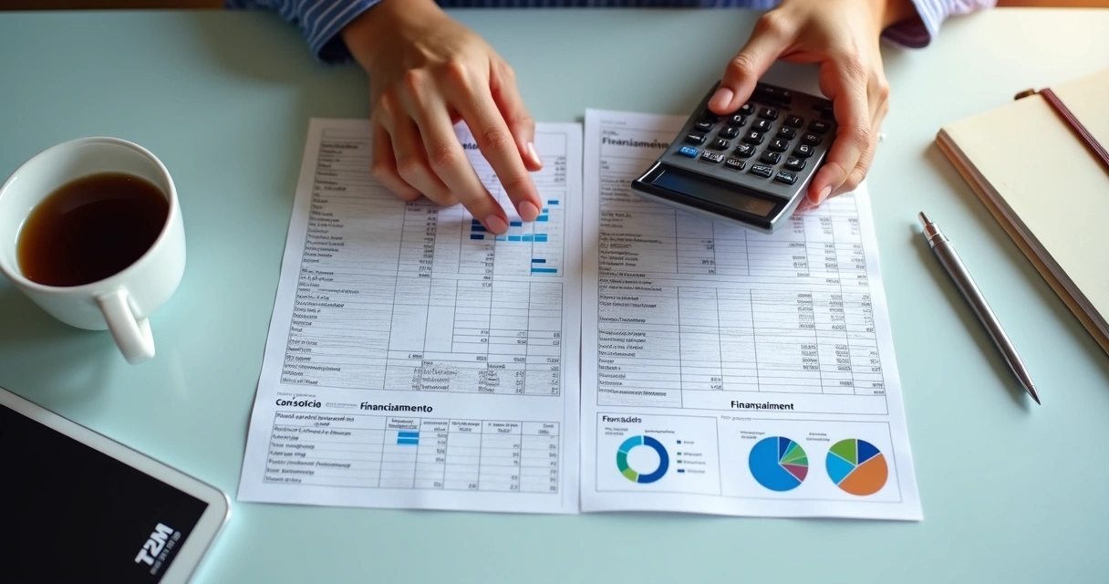 Pessoa analisando planilha de custos do consórcio e financiamento imobiliário 