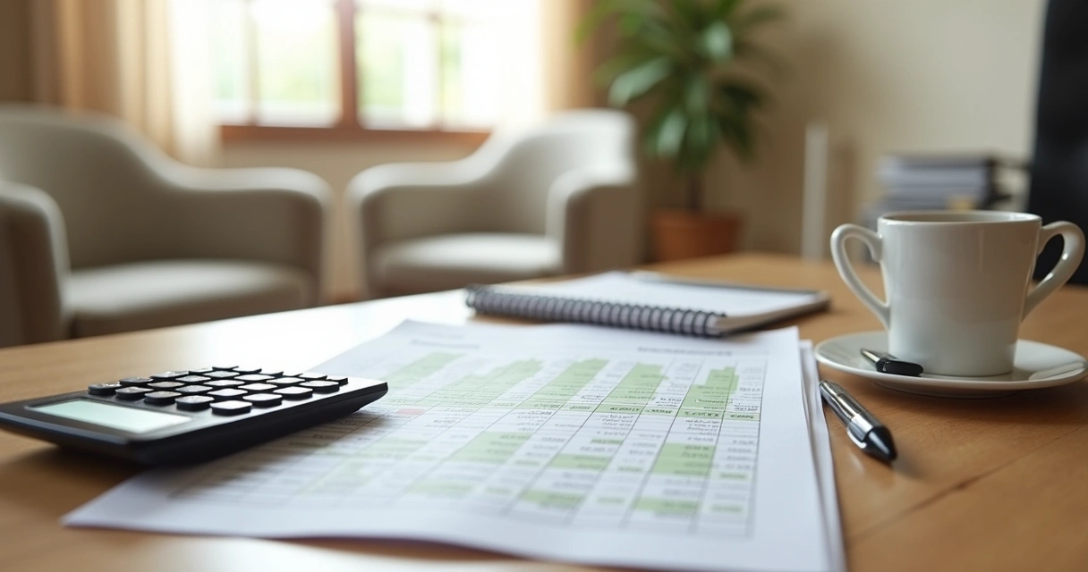Planilha de custos e calculadora sobre mesa de consultório 