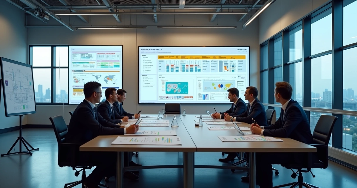 Equipe de planejamento analisando fluxos de serviço em quadros e telas 