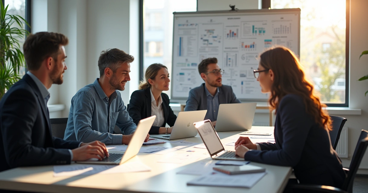 Equipe em reunião planejando integração digital 