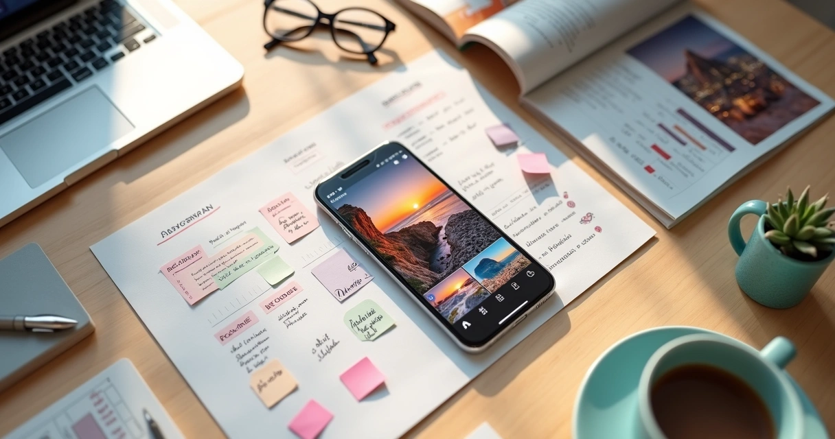 Mesa organizada com celular mostrando feed de Instagram de agência de viagens 