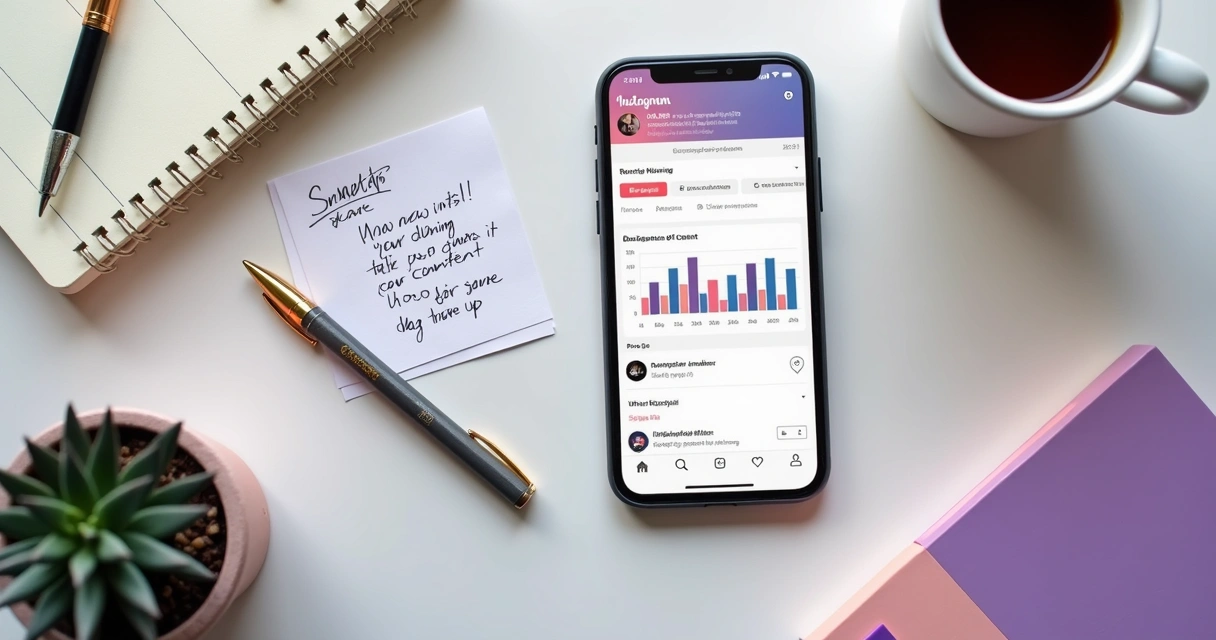 Celular com métricas do Instagram, calculadora e bloco de planejamento 
