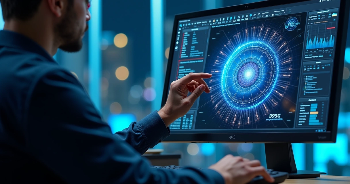 Profissional de tecnologia analisando fluxos de integrações em tela de computador com gráficos e diagramas técnicos detalhados 