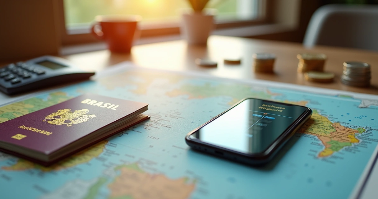 Mapa, passaporte e celular com informações de intercâmbio. 