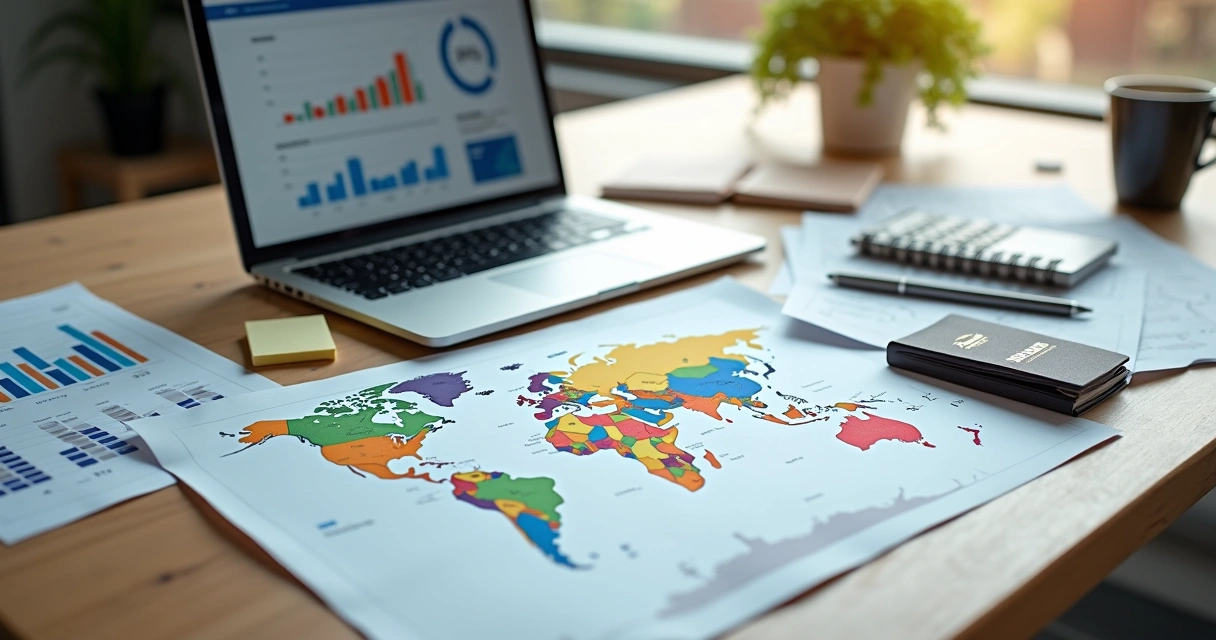Mapa dos EUA sobre mesa de escritório com laptop e planilhas de planejamento financeiro 