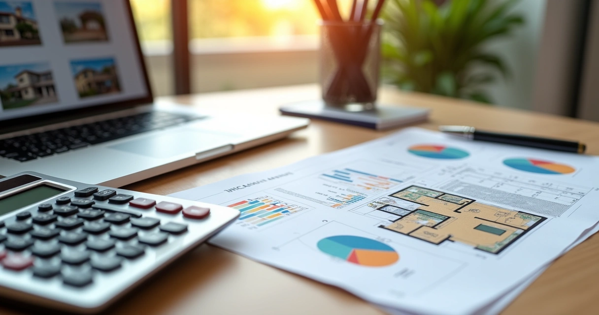 Mesa de escritório com documentos de financiamento imobiliário, calculadora e planta baixa de imóvel em Campinas 