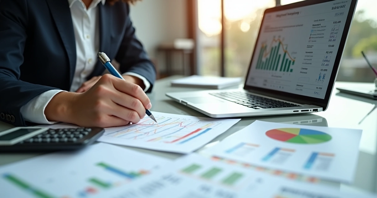 Pessoa escrevendo plano financeiro com documentos e computador. 