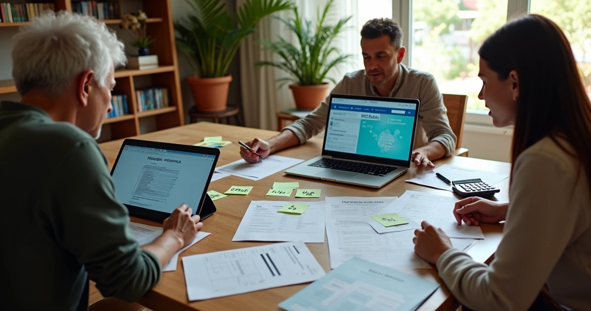 Mesa com família organizando documentos e calculadora para planejamento de herança e doações 