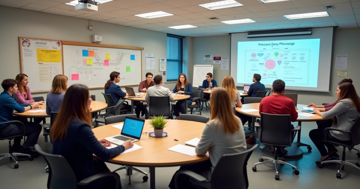 Grupos de professores reunidos em mesas redondas discutindo estratégias pedagógicas durante um encontro de planejamento escolar 