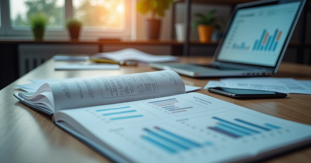 Mesa de trabalho jurídica com notebook, agenda e gráficos digitais